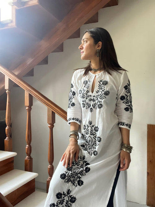 Buy SHADES OF FAASHION Embroidered White Kurti with Black Thread Work online